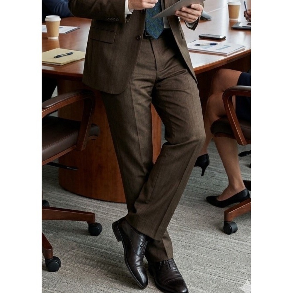 Brown Mens  36x31 Pants Flat Front Corporate Casual Slash Pockets Lightweight